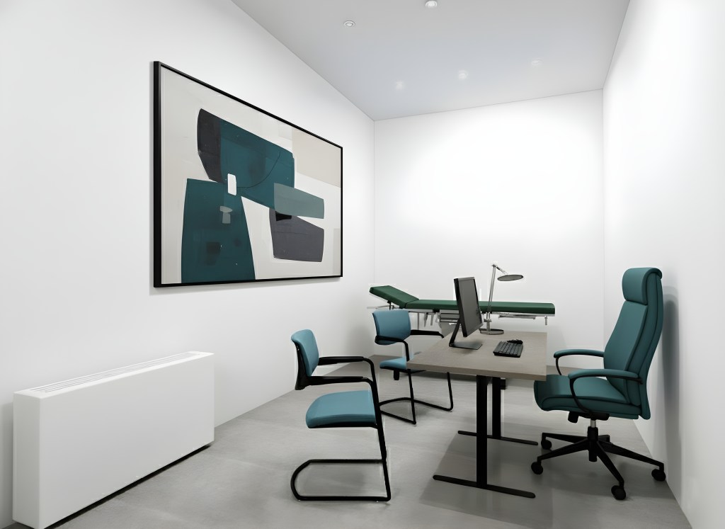 Una sala in ufficio bianca e spartana con un tavolo da conferenza centrale.