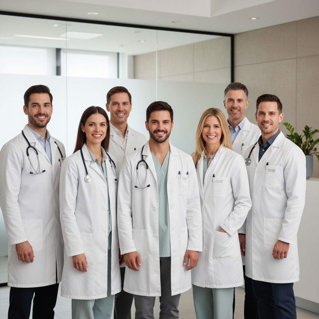 ritratto professionale di gruppo di medici specialisti in camice bianco in uno studio medico moderno, espressioni cordiali e affidabili, sfondo clinico neutro