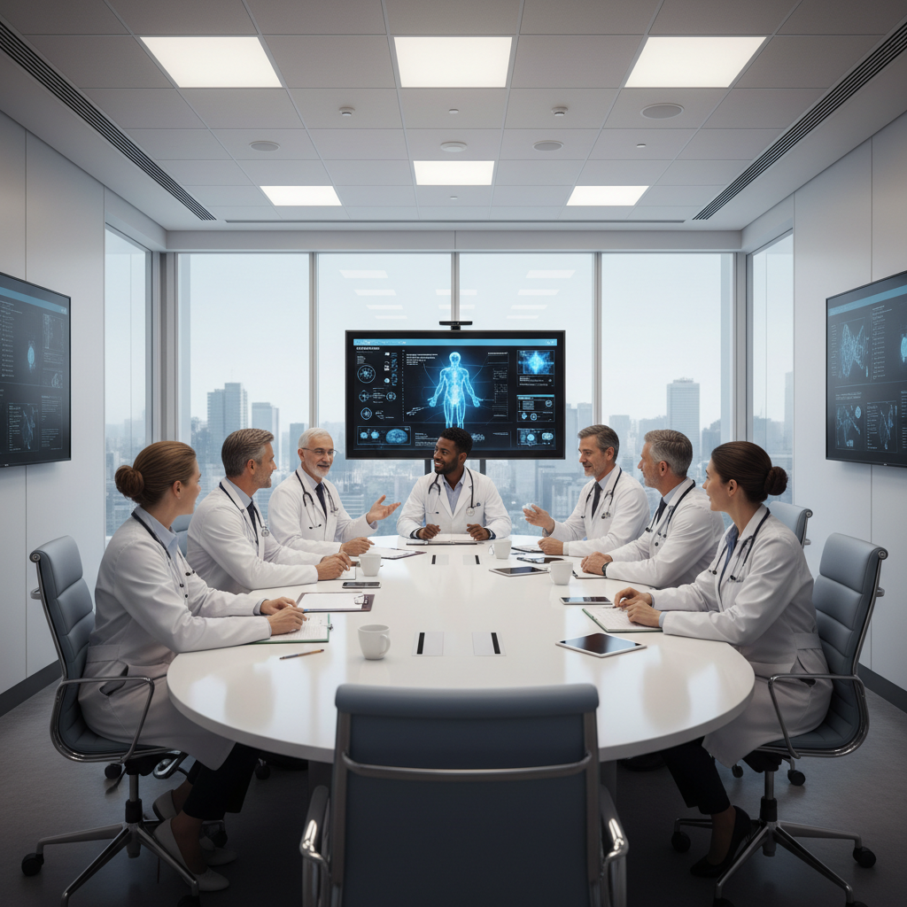 team multidisciplinare di medici specialisti in camice bianco riuniti in una sala riunioni clinica moderna, atmosfera collaborativa e professionale