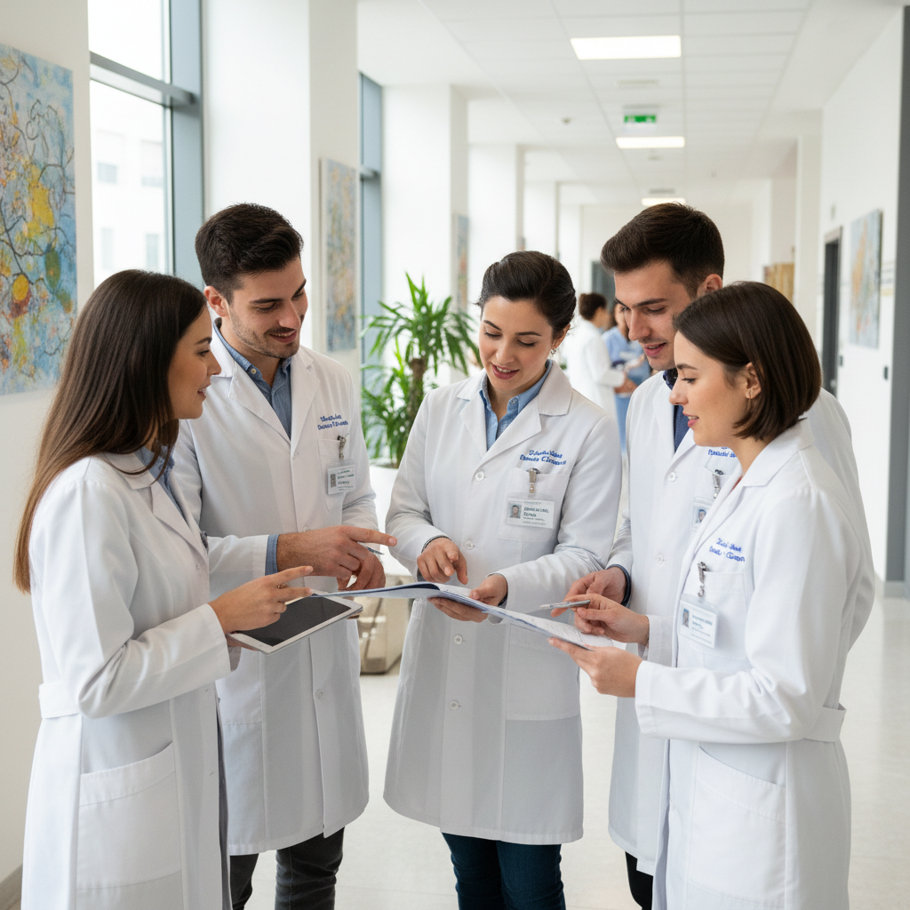 gruppo di giovani medici specialisti che discutono una cartella clinica in un corridoio di clinica luminosa, camici bianchi e badge identificativi, clima di collaborazione