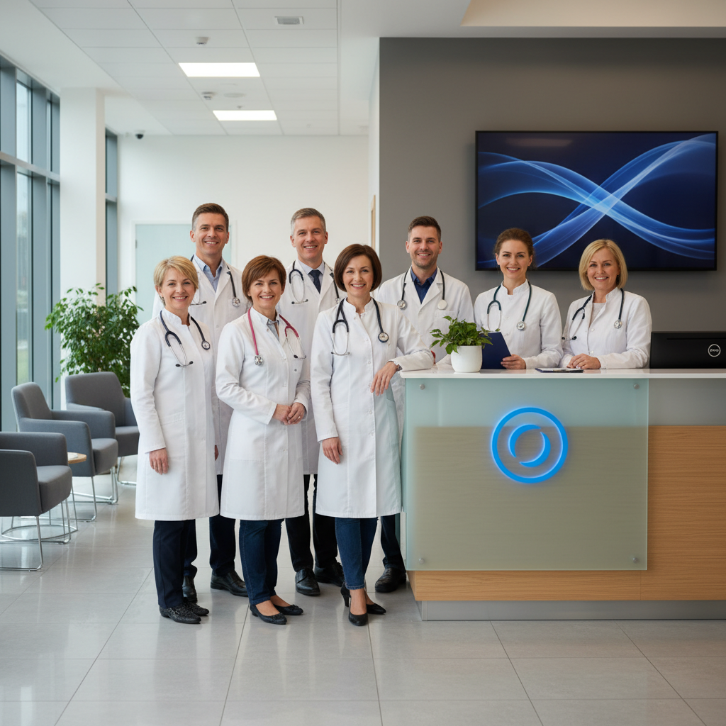 equipe di medici specialisti femminili e maschili in camice bianco che sorridono verso la camera, sullo sfondo reception di centro medico moderno