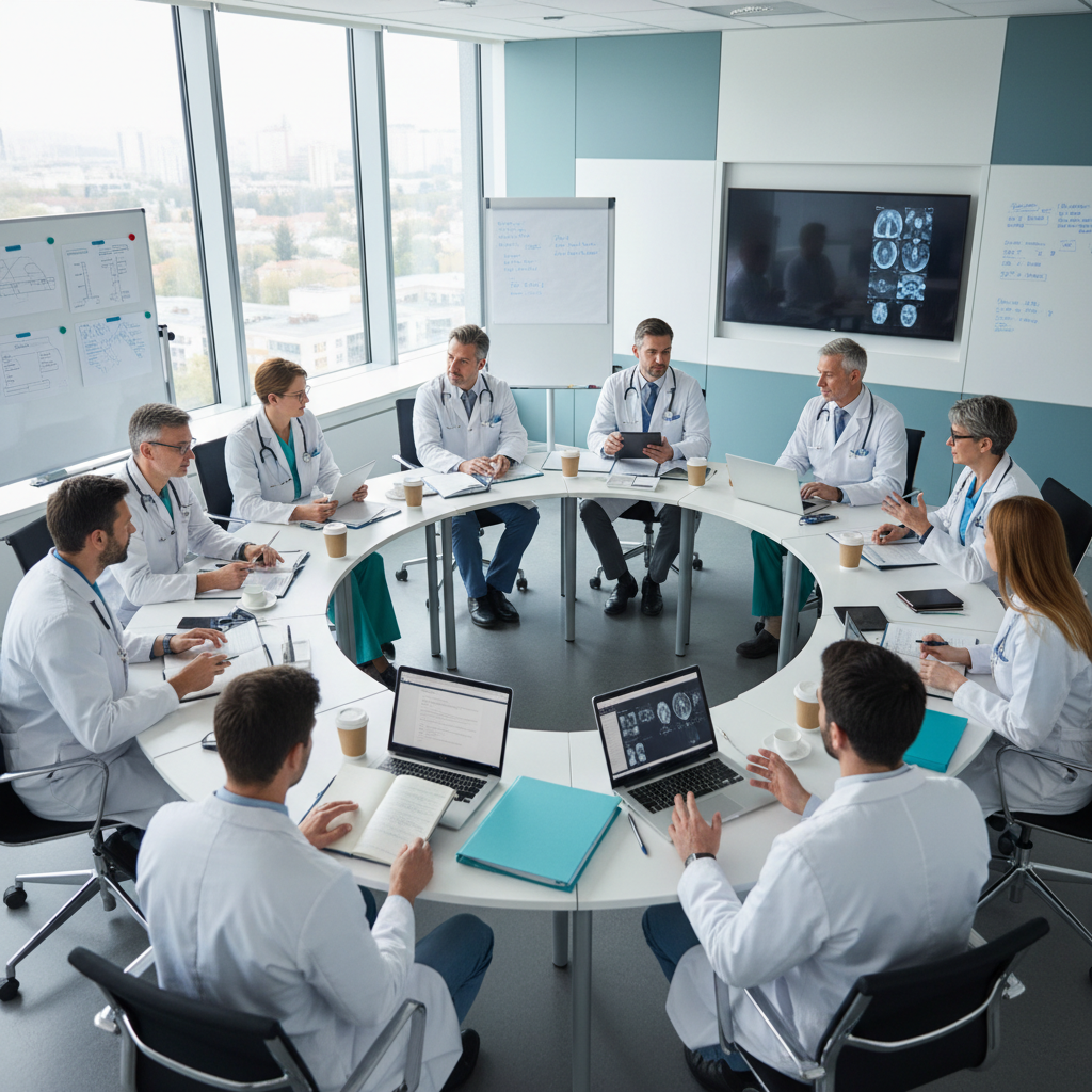 staff di medici specialisti seduti in cerchio in una sala confronto clinica, condividono appunti e tablet, ambiente ordinato e professionale