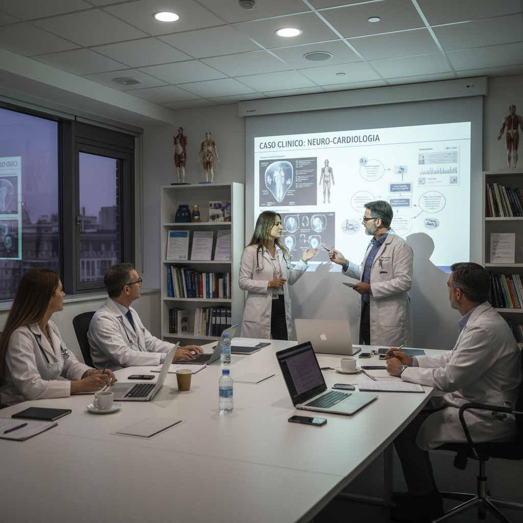 gruppo di medici specialisti che presentano un caso clinico davanti a uno schermo in una sala meeting medica, clima di studio e aggiornamento professionale