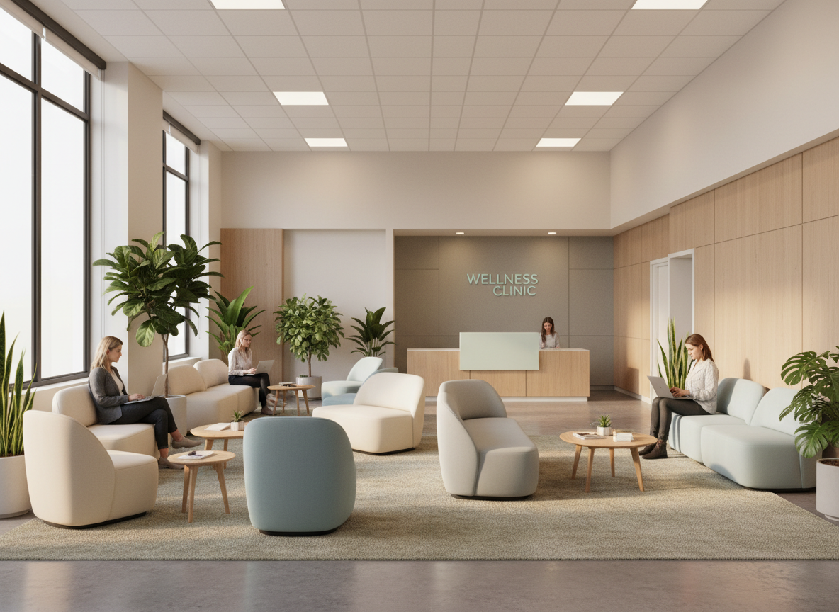 Spacious, welcoming medical waiting room with comfortable contemporary seating, warm natural light, indoor plants, and a calm neutral color palette, representing a professional yet friendly healthcare environment