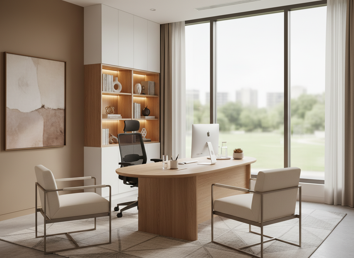 Modern, fully equipped consultation room with ergonomic desk and chairs, large window providing natural light, minimal decor, and warm neutral tones, representing a private professional visit with patients or clients