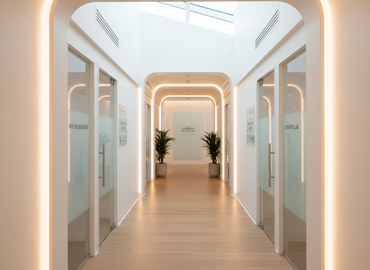 Bright shared workspace corridor in a healthcare or professional center, with multiple closed doors to individual studios, clear signage, soft indirect lighting, and a clean contemporary design, representing a network of modern rooms