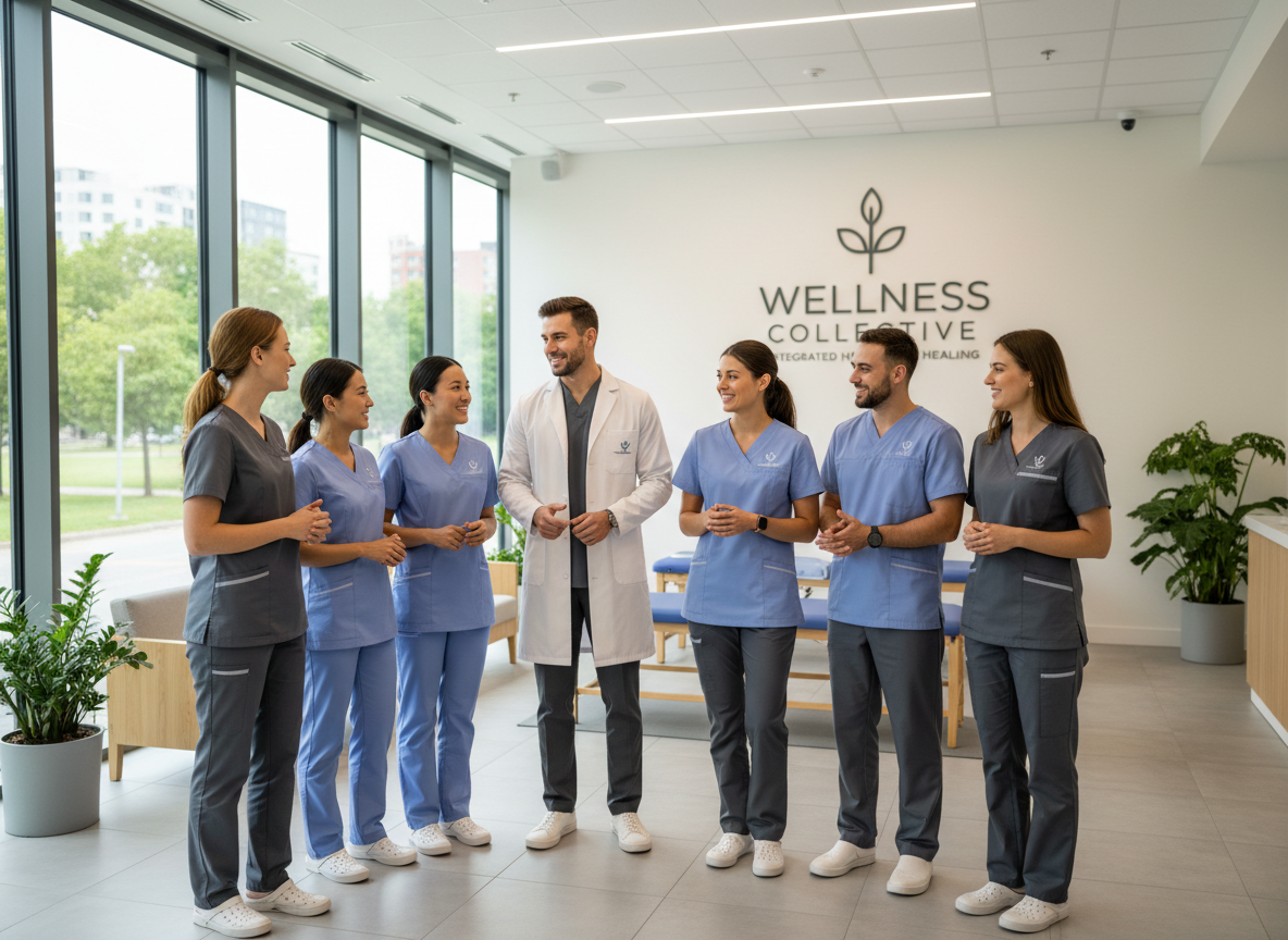 Friendly group of healthcare and wellness professionals in coordinated attire standing together in a modern clinic lobby, smiling and interacting, representing a multidisciplinary team and collaborative environment