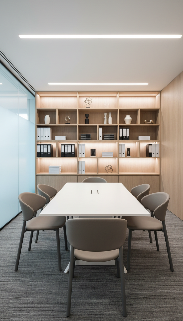 A quiet consultation room furnished with a sleek, rectangular white table set atop textured grey carpeting, surrounded by structured ergonomic chairs in muted taupe fabric. A sophisticated built-in shelving unit in light ash wood holds carefully arranged office supplies and subtle decorative elements. Warm, indirect LED lights blend with soft, indirect daylight filtering through frosted window panels, creating an even, welcoming glow and minimal shadow. The atmosphere exudes professionalism and privacy. Shot from a slightly elevated angle with a centered composition and sharp focus, the image emphasizes a structured, minimalist corporate aesthetic that promotes both comfort and efficiency.