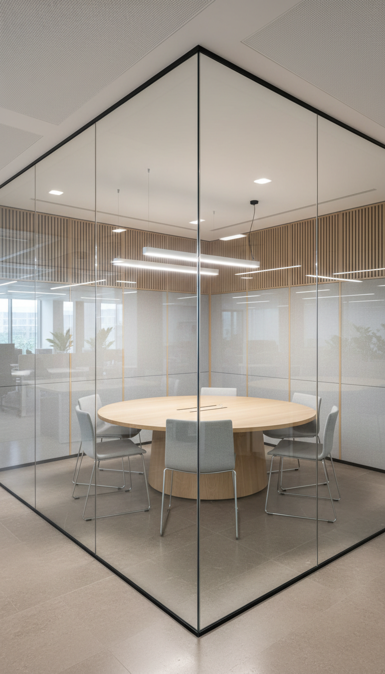 A contemporary shared meeting area with transparent glass walls creating an open, yet private enclave. Within, a balanced circular conference table of natural maple veneer sits on a polished, neutral-toned stone floor. Surrounding walls feature clean vertical lines and integrated acoustic panels in pale grey. Overhead, streamlined pendant fixtures emit soft, evenly diffused light, resulting in gentle highlights and almost no harsh shadows. The mood is collaborative and inviting, with the camera positioned at a slight diagonal to showcase depth, order, and the functionality of a modern professional environment. The image style embraces clean lines and a photographic corporate clarity.