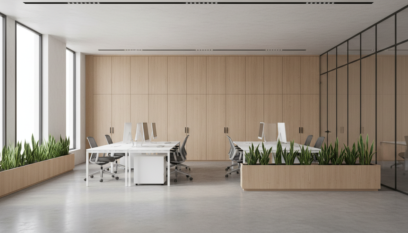 A meticulously organized, modern professional workspace featuring built-in light oak cabinetry with matte finishes, cluster of pristine white desks with minimalist cable management, and a few glass partitions subtly dividing the room. The floors are neutral concrete, and subtle greenery softens the space through low-profile planters. Soft, diffused daylight enters from large floor-to-ceiling windows, bathing the workspace in even, natural light with delicate, crisp shadows. The mood feels calm, ordered, and productive. The camera is positioned at eye-level, capturing a balanced composition with strong lines and open space, emphasizing photographic realism and a clean, corporate design suited to showcasing functional, high-quality professional environments.